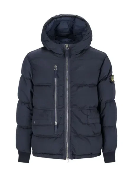 Geacă cu puf Stone Island cu glugă cu strasuri albastru