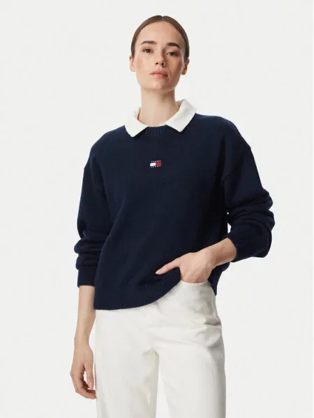 Tommy Jeans Pulover Fluffy Badge Bleumarin