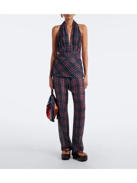 Kockovaný top Dries Van Noten s halter výstrihom modrá