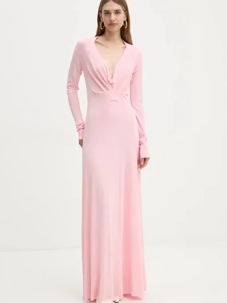 Рокля Victoria Beckham дълга разкроена розово