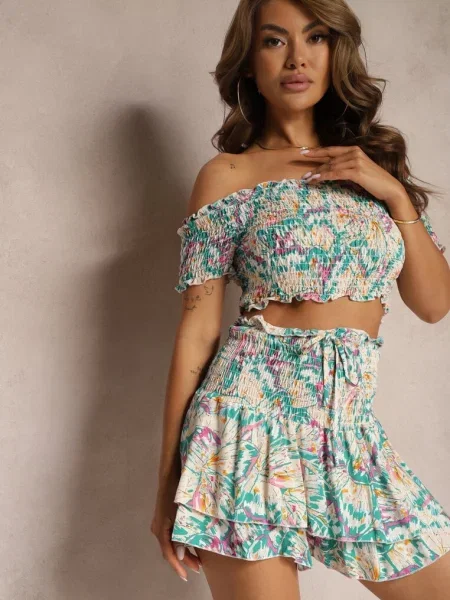 Zielono-Beżowy Komplet Bluzka Hiszpanka Szorty High Waist z Falbankami Testamara beżowa