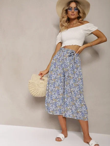 Pantaloni albaștri cu picior larg talie înaltă cu și în talie Drosofia albastru