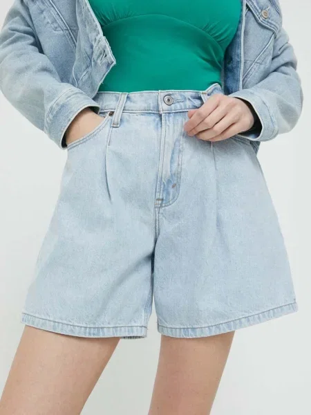 Дънкови къси панталони Abercrombie & Fitch с изчистен дизайн с висока талия синьо