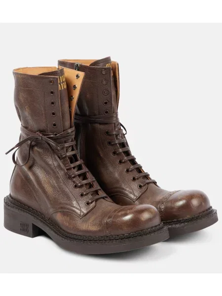 Usnjene gležnjarji Miu Miu z vezalkami rjava