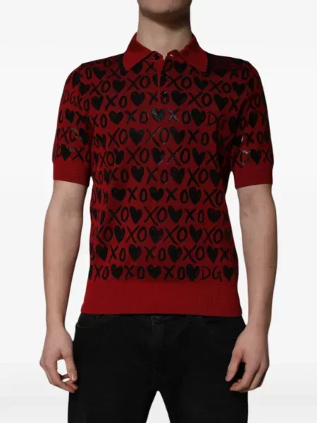 Scurt tricou polo Dolce & Gabbana cu imagine cu motiv cu inimi roșu