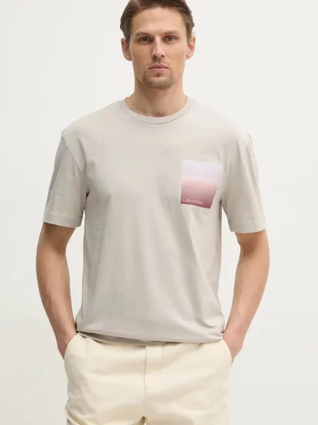Тениска Calvin Klein с принт бежово