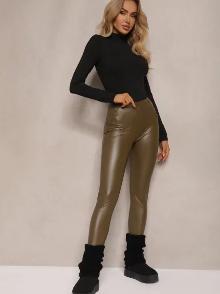 Legginsy High Waist z Imitacji Skóry z Gumką w Pasie Ozdobione Sinairis zielone