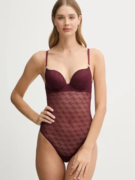 Боди Guess NORA от дантела с десен черно