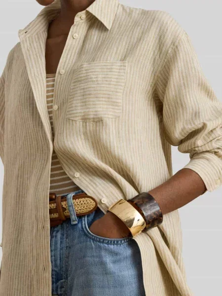 Bluzka z długim rękawem z czystego lnu o kroju relaxed fit Lauren Ralph Lauren beżowa