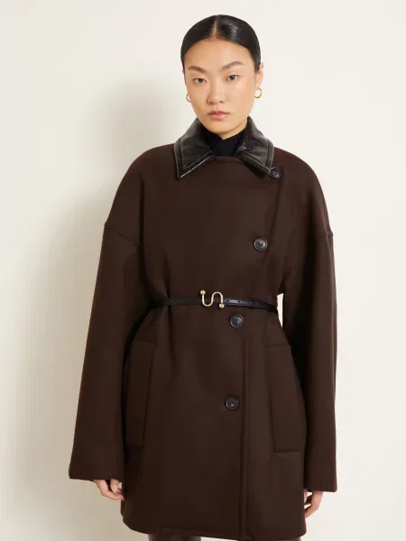 Sportmax Vlněný Kabát Curvone tmavě hnědá
