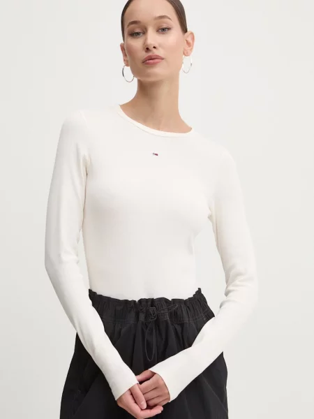 Tommy Jeans majica dugih rukava ženska od pamuka s elastanom bež