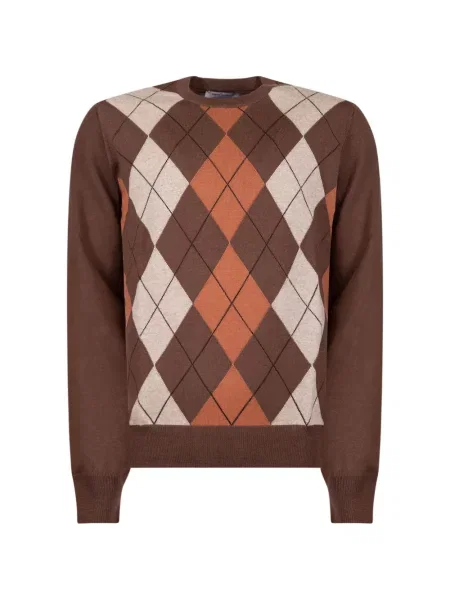 Pulover Gran Sasso cu model argyle cu decolteu rotund maro