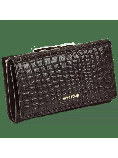 Portfel skórzany WINGS z ochroną RFID o pojemnym wnętrzu CROCO BLACK czarny