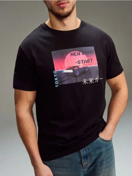 Sinsay oversize tričko s potiskem černá