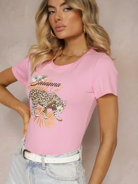 Tricou din cu imprimeu animalier Zeliflea roz