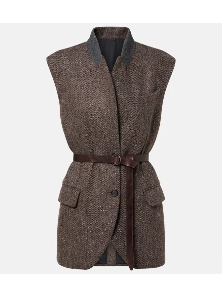 Vestă Brunello Cucinelli de lână cu model herringbone maro
