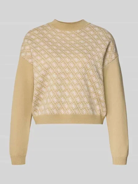 Sweter krótki z dzianiny z okrągłym dekoltem Guess beżowy