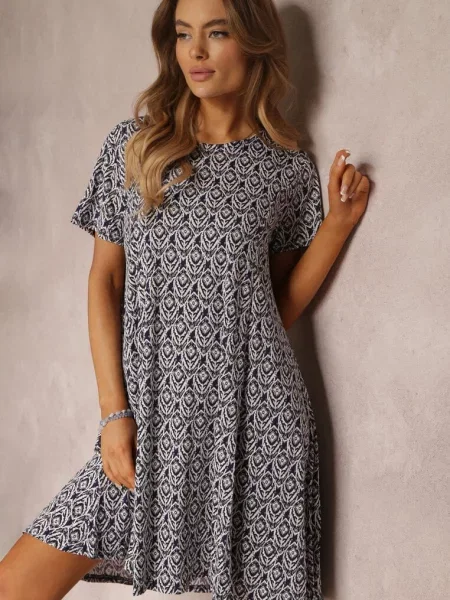 Sukienka Mini z Krótkimi Rękawami i Wzorem w Kwiaty Cassatha granatowa
