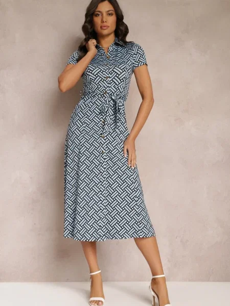 Geometryczna Sukienka Midi z Kołnierzem i z Materiału Mehisi niebieska