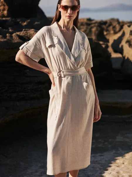 Rochie tip cămașă Moodo de costum din canvas bej