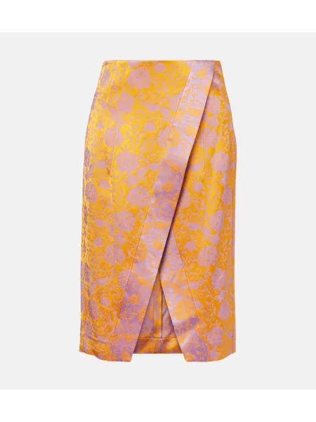 Fustă midi Dries Van Noten din satin cu model floral până la genunchi portocaliu
