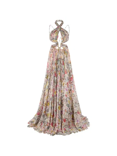 Maksi haljina Roberto Cavalli s cvjetnim printom s printom ular vrat