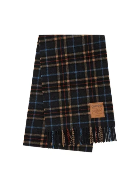 GANNI szalik wełniany Double Face Wool Check szary wzorzysty czarna