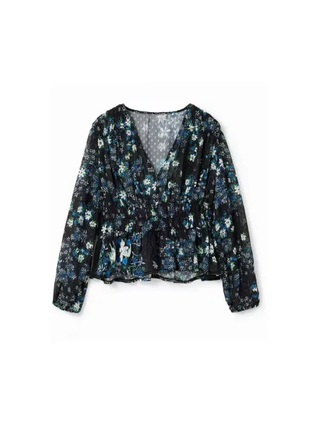 Desigual bluzka WOMAN WOVEN BLOUSE LONG SLEEVE w kwiaty granatowy