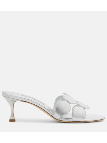Papuci tip mules Manolo Blahnik din piele argintiu