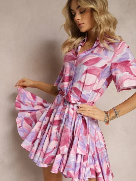 Rochie Violet-Roz Salmarina cu Volane și Fundă în Talie violet