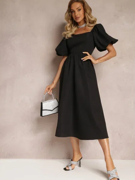 Rochie midi cu croi în cloș decolteu pătrat și mâneci bufante Briakke neagră