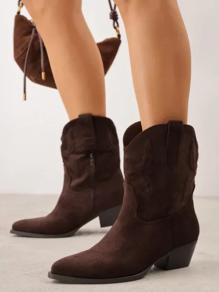 Botine Ideal cu broderie cu toc jos maro