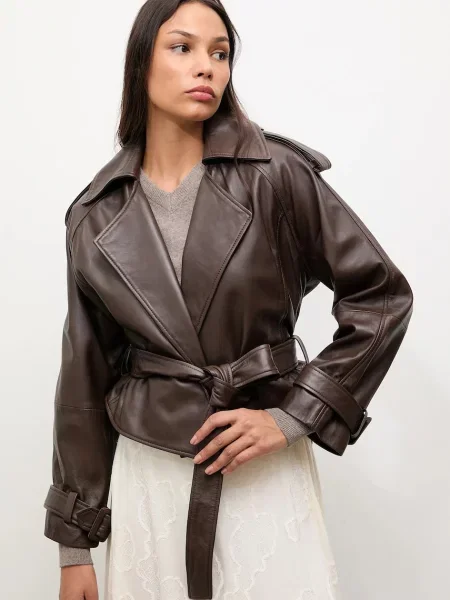 Answear.LAB kurtka skórzana przejściowa oversize brązowy