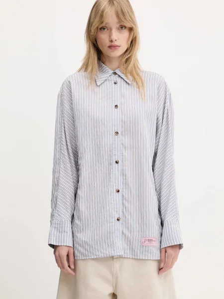Lniana koszula Ganni w paski z długim rękawem niebieska