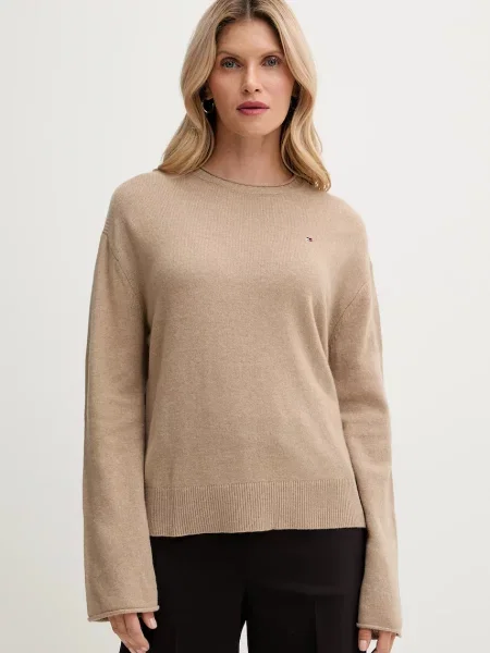 Вълнен пуловер Tommy Hilfiger от лека материя бежово