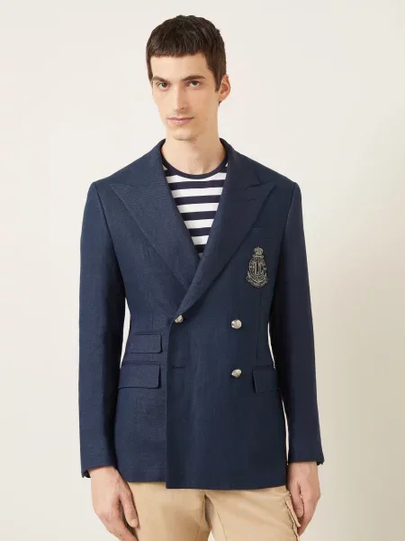 Ralph Lauren Purple Label Lněné Sako Kent Střih Slim Fit tmavě modrá