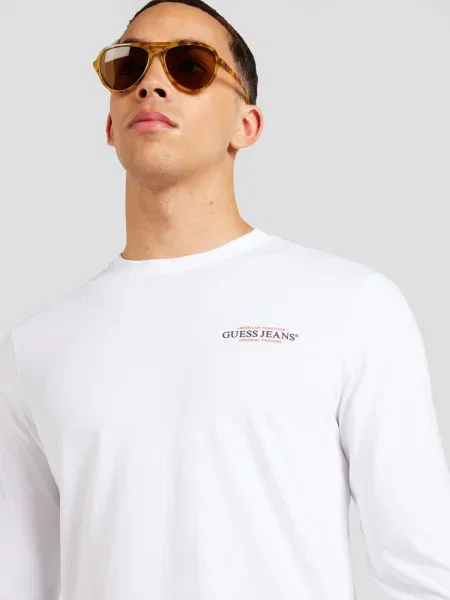 Tricou cu mânecă lungă Guess Jeans clasic alb
