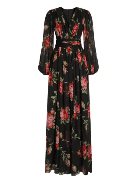 Rochie maxi Dolce & Gabbana cu model floral lungă de costum negru