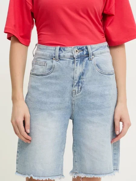 Дънков къс панталон Answear Lab с изчистен дизайн с висока талия синьо