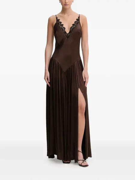 Maxi rochie maxi Bardot cu decolteu în V de costum maro