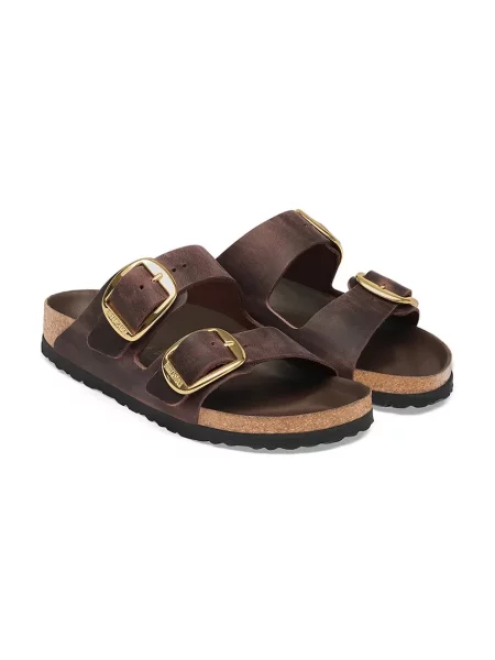 Birkenstock klapki skórzane Arizona Big Buckle Oiled Leather brązowe