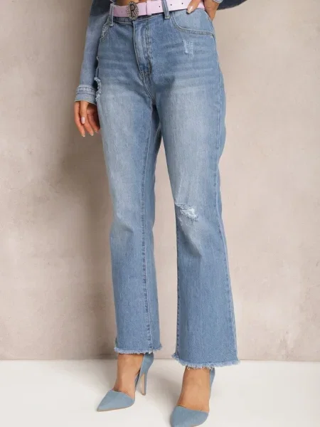 Blugi evazați albaștri cu rupturi și cu cataramă cu zirconiu Letha albastru