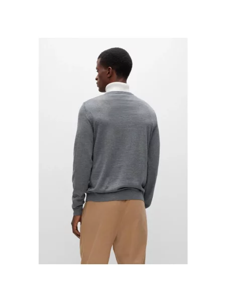 Sweter Boss wełniany z długim rękawem szary