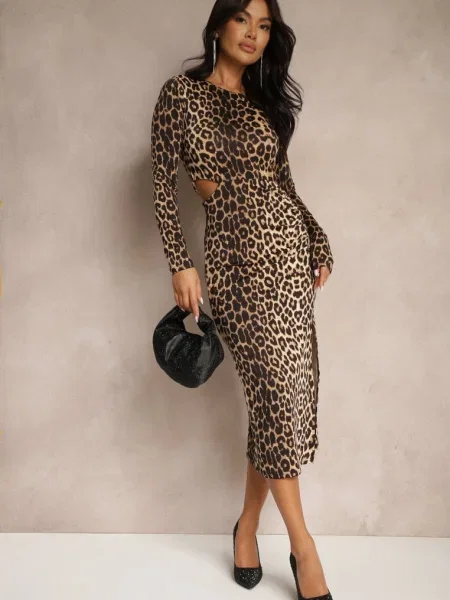 Koktajlowa Sukienka Midi Ozdobiona Rozcięciem na Dole i Wycięciami w Talii Aletines brązowa