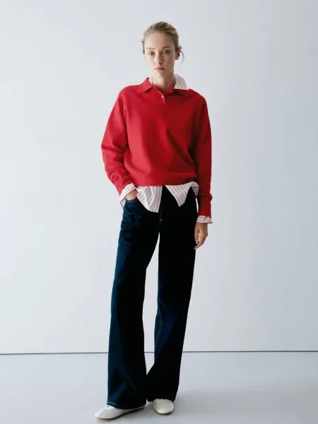 Sweter z dzianiny z kołnierzykiem polo Kobieta M MANGO czerwony