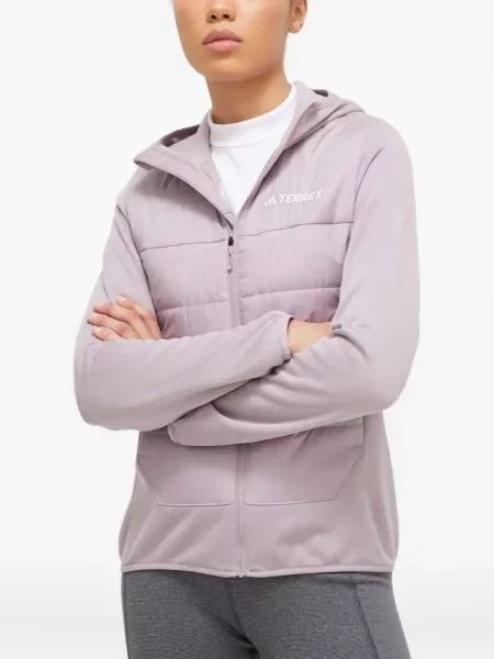 Geacă cu puf Adidas din piele de căprioară cu dungi cu glugă albastru