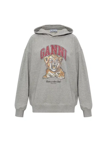 Bluza z kapturem Ganni z kapturem z nadrukiem w tygrysie prążki szara