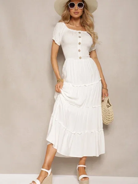 Rochie Maxi Cloș cu Decolteu Bardot Kailra albă