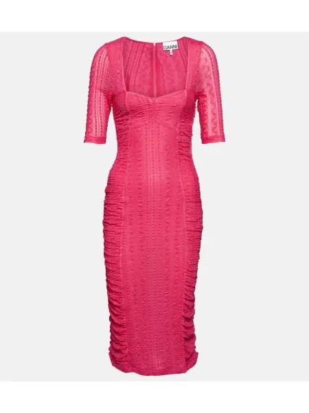 Rochie midi Ganni din dantelă până la genunchi de costum roz