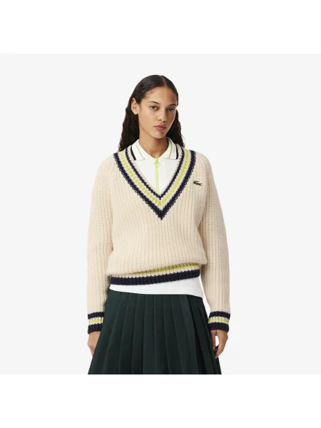 Lacoste Wełniany Sweter Z Dekoltem V Z Blokadą Koloru Relaxed Fit Kremowy Kremowy